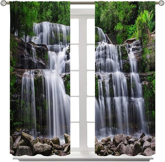 Natural Scenery Blackout Curtains, Spring Rustic Forest Waterfall River Landscape Window Drapes, for Bedroom Living Room 55" W X 63" L