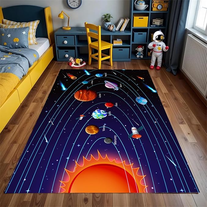 Cartoon Space Solar System Planet Area Rug,3x4ft,Outer Space Themed Rugs, Non-Slip Washable, Easy Care Rug, Suitable for Kids Playroom, Boys and Girls Room Decor