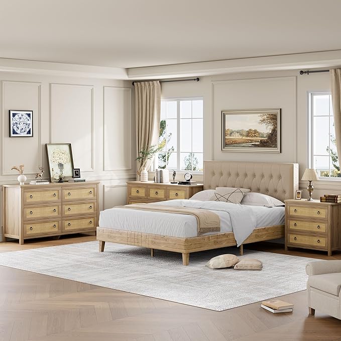 IDEALHOUSE Rattan Dresser for Bedroom with 6 Drawers, 47'' Wide Chest of Large Drawers with Large Clothes Storage Cabinet, Wood Bedroom Dresser, TV Stand for Nursery, Living Room, Hallway