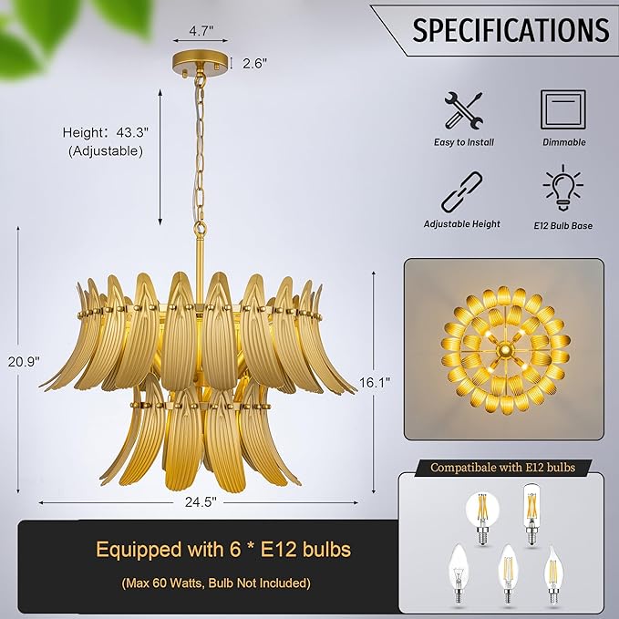 TOCHIC Modern Farmhouse Gold Chandelier, 6-Light Leaf Chandeliers for Dining Room, 24" 2-Tier Ceiling Light Fixture for Living Room, Bedroom, Entryway, Kitchen Island
