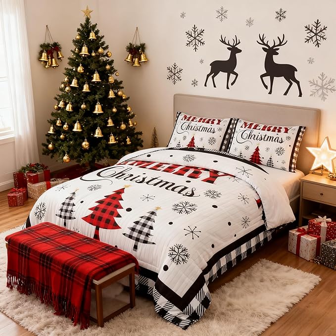 Merry Christmas New Year Kids Comforter Set Full Size,Snowflake Pine Trees Bedding,Girls Boys Adults Bedroom/Xmas Cabin Decor,Grids Geometric Fashion Down Comforter,Rustic Duvet Insert,2 Pillowcases