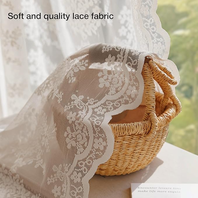 Anmao Vintage Lace Curtains 84 Inches Long 2 Panels Set, Romantic Elegant Light Filtering Semi Sheer Floral Thick Lacy Curtain Drapes for Living Room and Bedroom, Each Panel 55W x 84L, Beige Plum