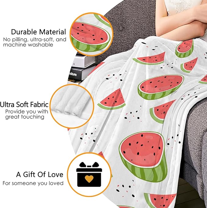 Thuswarm Watercolor Watermelon Fruit Print Flannel Throw Blanket Warm Cozy Soft Funny Print Blankets for Bed Couch Sofa Room Decoration Gifts 120”×90” Extra Large for Family