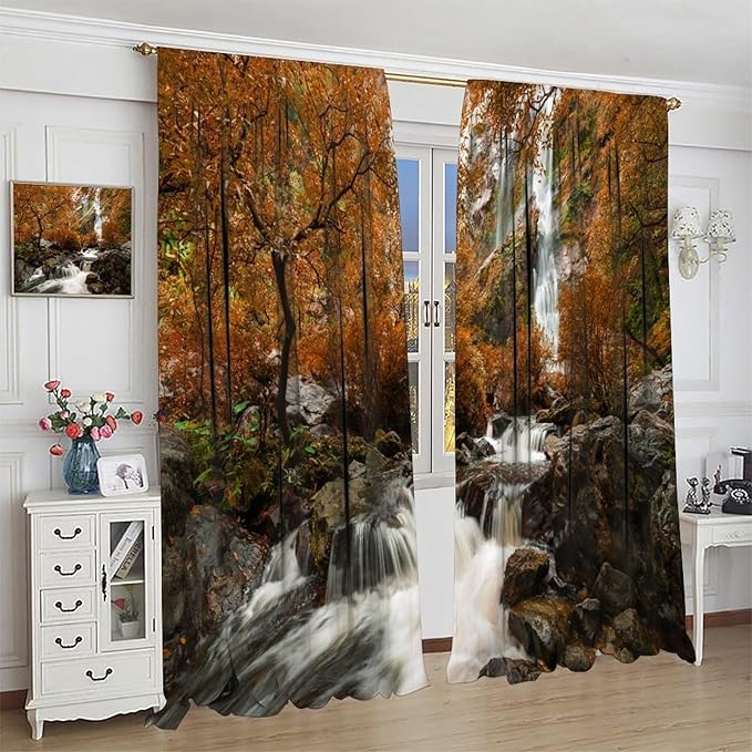 Forest Waterfall Blackout Curtains, Autumn Jungle Mountains Fall Nature Landscape Window Drapes, for Bedroom Living Room 63" W X 72" L