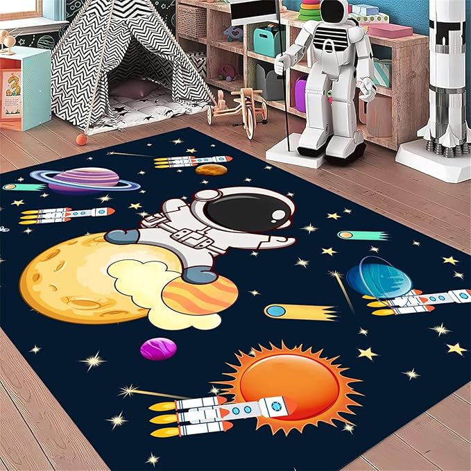 4x6ft Kids Space Themed Area Rug - with Spaceman, Rocket and Planet Design, Non-Slip Washable, Easy Care Rug, Suitable for Kids Playroom, Boys and Girls Room Decor