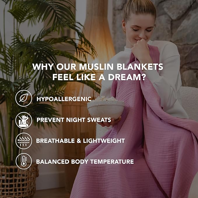 Goqan Muslin Blanket Queen 79x90 – 100% Cotton 4 Layer Boho Muslin Blanket for Adults, Lightweight, Soft, Breathable for Bed,Couch - Pink