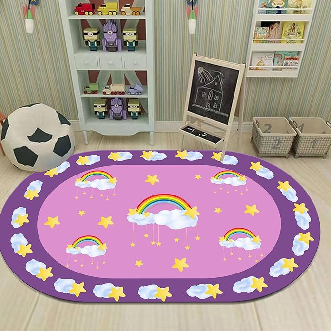 Rainbow Stars Kids Rug, 5x7ft, White Clouds Yellow Stars Pattern Oval Rug, Cute Soft Indoor Carpet for Girls Bedroom, Non-Slip Washable Low Pile Floor Mats for Classroom Nursery Playroom