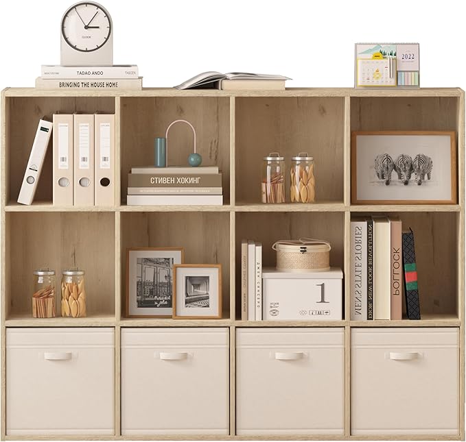 Bookshelf 12-Cube Storage Organizer, Sturdy Wooden Bookcase with Closed Back Panel, Multipurpose Display Shelf for Home Office, Bedroom, Study, 47.72" L x 9.45" W x 35.98" H, White Oak