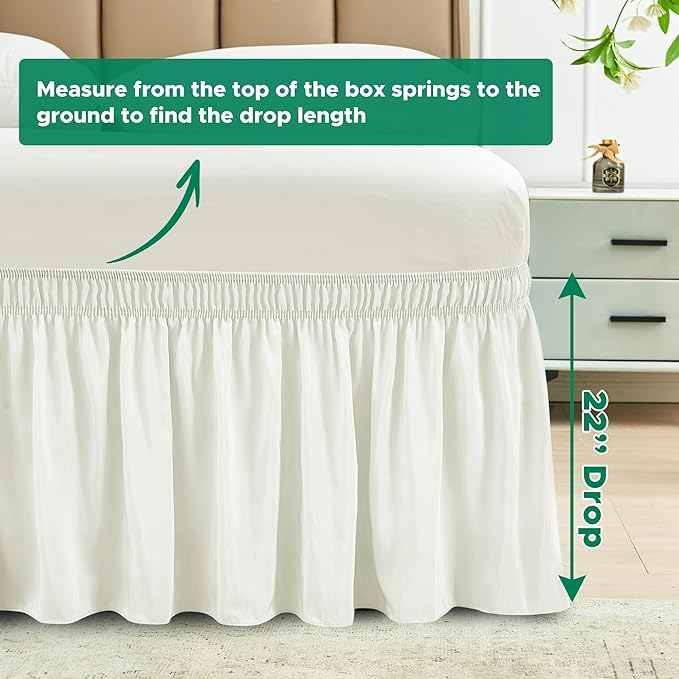 Biscaynebay Wrap Around Bed Skirts for Full & Full XL Beds 22" Long Drop, Ivory Adjustable Elastic Dust Ruffles Easy Fit Wrinkle Resistant Silky Luxurious Fabric Machine Washable