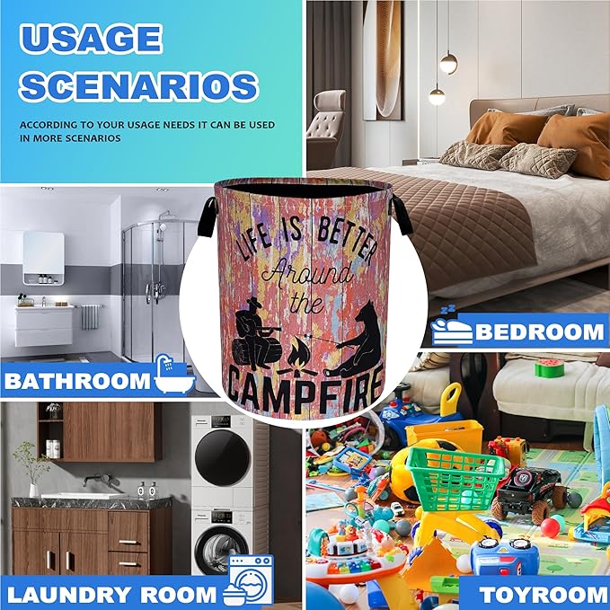 Life Is Better Around The Campfire Laundry Basket Oxford Cloth Funny Laundry Hamper With Handle Foldable Portable Clothes Storage Basket 18.9 X 16.5 Inch Storage Bag For Laundry Room/Bathroom/Bedroom