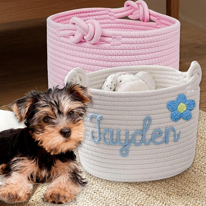 Personalized Dog Toy Basket Custom Rope Woven Box with Pet's Name Dog Storage Organizer with Handles Cute Toy Bin for Cat White