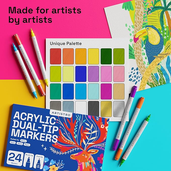 ARTISTRO 36 Acrylic Paint Markers - Paint Pens Dual Tip Brush + Fine Ideal for Calligraphy - Perfect for Fabric, Rock, Glass, Wood, DIY - Art Supplies, Stocking Stuffers, Christmas Gift Idea