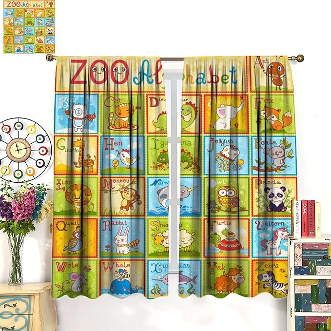 Alphabet Curtains Kids Educational Learning Tool Baby Cartoon Animals Colorful Curtain with Rod Pocket for Bedroom Living Room Decor Drapes Window Treatments 2 Panels Set 84" W X 84" L