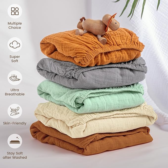 david's kids Muslin Mini Crib Sheets, 2 Pack Cotton Pack N Play Sheets for Boys Girls Neutral, Soft Breathable Baby Sheets Fit Pack N Play, Playard and Mini Crib Mattresses, Beige & Grey