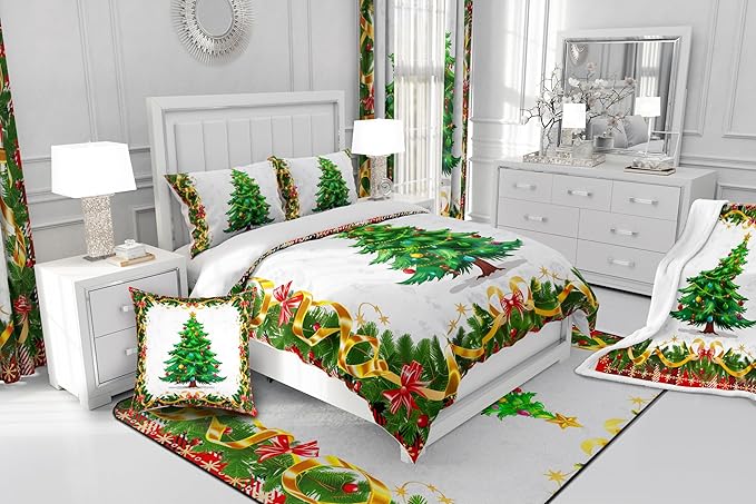 Christmas Tree Comforter Set Twin Size,Merry Christmas Bedding Set for Kids Boys Girls Room Decor,Snowflake Bowknot Green Pine Leaves Quilt Set 2Pcs,Xmas Plaid Patchwork Duvet Insert,1 Pillowcase
