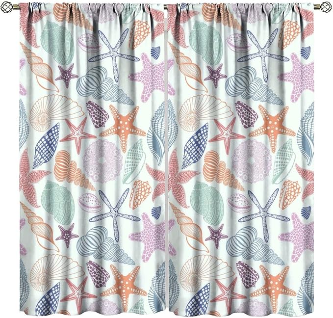 Coastal Nautical Curtains,Colorful Starfish Seashell Beach Sea Starfish Seashell Theme Pattern Blackout Print Home Bedroom Living Room Window Treatmen 2 Panel Set 42x54 Inch