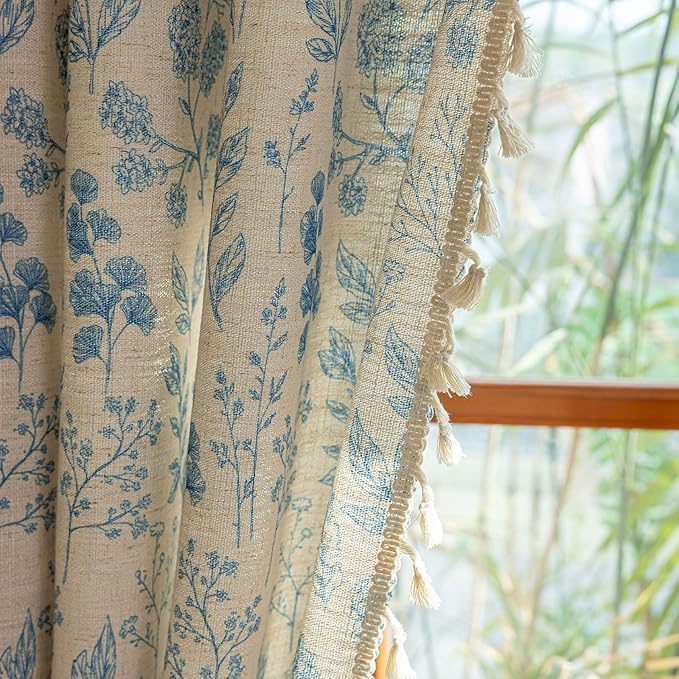ENJOYBRIDAL Blue Floral Curtains 63 Inches Long 2 Panels Set Semi Sheer Living Room Drapes Boho Short Bedroom Farmhouse Window Curtain Panels Tassel Decorative Aesthetic Rod Pocket Window Treatments