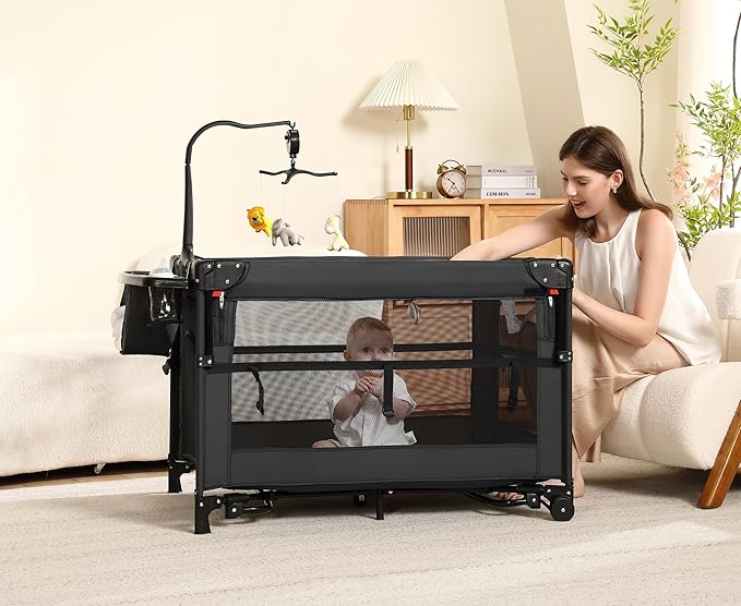 Pack and Play, 5 in 1 Baby Playard – Portable Crib, Bassinet, Bedside Sleeper, Changing Table & Playpen | Breathable Mesh | Safe & Foldable for Newborns to Toddlers (Black)