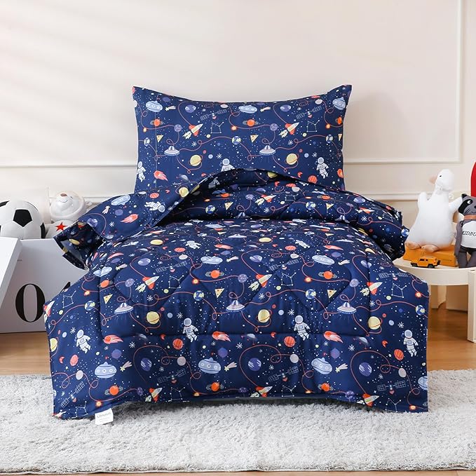 LONAVA Toddler Kids Comforter Set - 4 Pieces Toddler Bedding Sets for Boys Girls Children, Ultra Soft Microfiber Bed in A Bag with Flat Fitted Sheets, Space