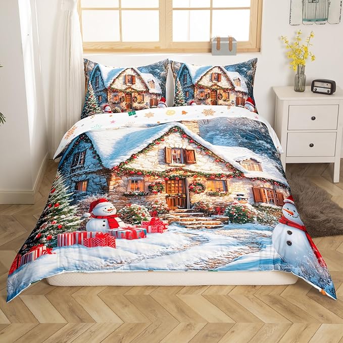 Manfei Christmas Duvet Cover Set King Size, Winter Snow Scenery Bedding Set for Kids Boys Girls Room Decor, Western New Year Comforter Cover, Soft Polyester Quilt Cover, 2 Pillowcases, No Comforter