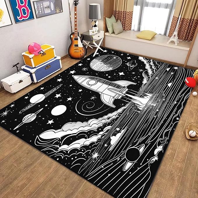 Space Planet Theme Area Rug,6x8ft,Universe Outer Space Rugs for Kids Bedroom Space Carpet Universe Solar System Planet Theme Carpets for Living Room Nursery Room Toddler Classroom Decor