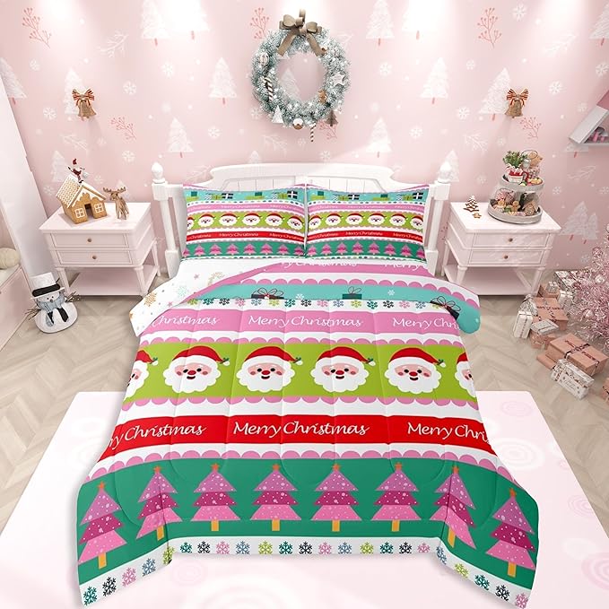 Feelyou Merry Christmas Comforter Set Toddler Size Santa Claus Bedding Set for Kids Boys Girls Xmas Tree Snowflake Duvet Quilt Striped Bedroom Decor Microfiber 2 Pcs with 1 Pillow Cases