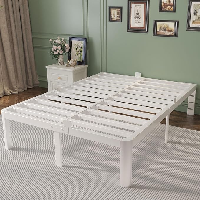 14 Inch Queen Bed Frame with Metal Gaskets, White Bed Frame Queen Size No Box Spring Needed, Heavy Duty Steel Platform Support, Round Corner Design, Noise Free, Storage Space, Easy Assembly