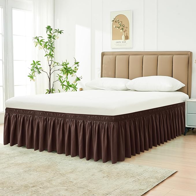 Biscaynebay Wrap Around Bed Skirts for Queen Beds with Short Drop of 12", Brown Adjustable Elastic Dust Ruffles Easy Fit Wrinkle Resistant Silky Luxurious Fabric Machine Washable