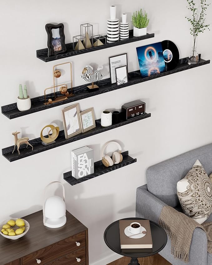Axeman Oak Picture Ledge Shelf, 72 Inch Floating Shelves Set of 2, Solid Oak Wood Wall Shelves with Lip, Wall Decor Storage for Bedroom Living Room Bathroom Kitchen Nursery Photo Picture, Black