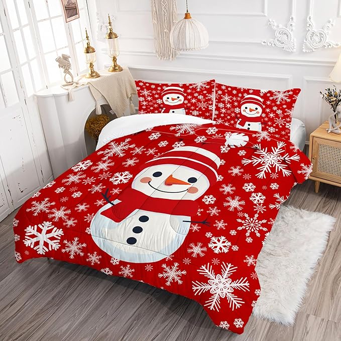 Comforter Set Christmas Snowman: Full Size Xmas Snowflakes Red Bedding Sets for Kids Teens Girls Boys Christmas Decor Winter Snow 3 Piece Quilt Bed Set 1 Comforter & 2 Pillowcases