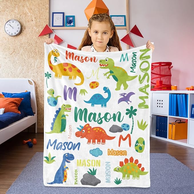 Personalized Dinosaur Blanket with Name for Boys, Custom Name Blanket for Teen Dino, Soft Flannel Dinosaur Blankets Customized Gift for Birthday 50"x60"