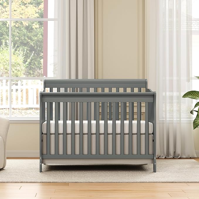 Baby Crib 5-in-1 Convertible, Wooden Cribs Converts to Toddler Bed, Daybed and Full-Size Bed, Nursery Furniture with Non-Toxic Finishes (Steel Grey)