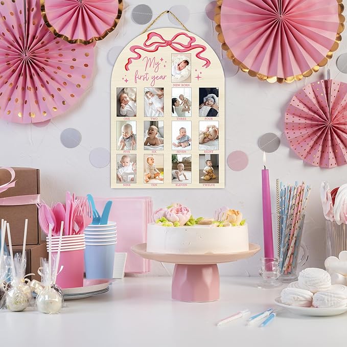My First Year Milestone Photo Board, One Year of Wood Photo Board, 12 Monthly Baby Picture Frame, Pink Bow Nursery Decor, Girl Boy 1st Birthday Decorations, Baby Shower Keepsake Best Gift-A16