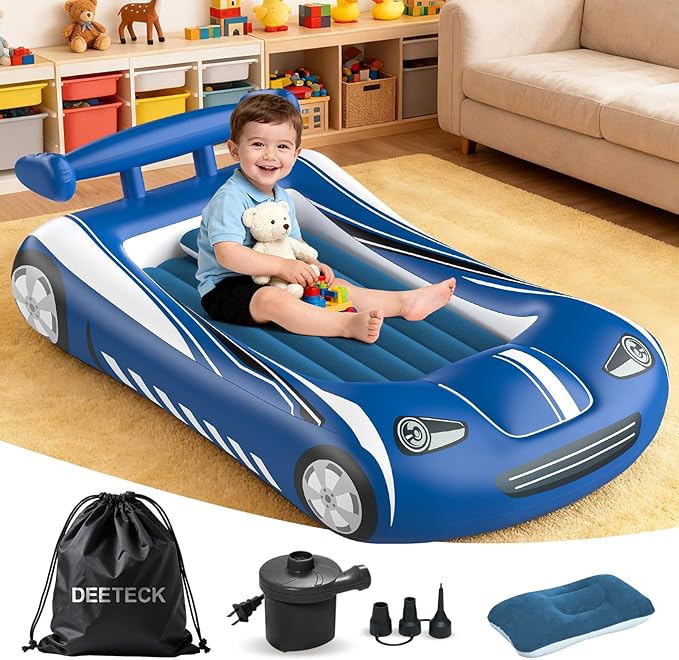 Inflatable Toddler Travel Bed - Kids Air Mattress with Car Design,Toddler Blow Up Mattress for Baby Camping, Travel, Hotel, Grandma's Sleepovers or Home Use, Includes Electric Pump