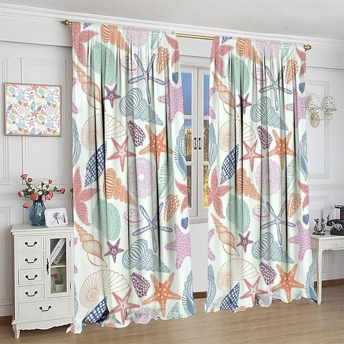 Coastal Nautical Curtains,Colorful Starfish Seashell Beach Sea Starfish Seashell Theme Pattern Blackout Print Home Bedroom Living Room Window Treatmen 2 Panel Set 72x63 Inch
