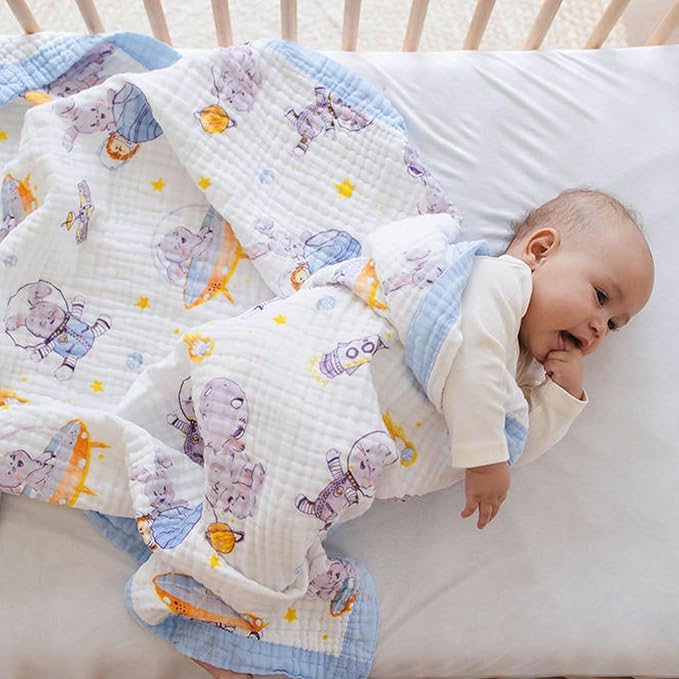 100% Cotton Muslin Baby Blanket | Soft & Breathable 6-Layer Swaddle & Receiving Blanket | Lightweight Quilt for Newborns I Hopping Cosmic
