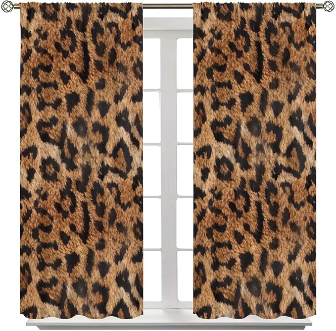 Leopard Print Window Curtains, Animal Fur Skin Brown Farmhouse Wild 3D Rustic Safari Theme Window Treatments for Kids Bedroom Living Room 52" W X 84" L
