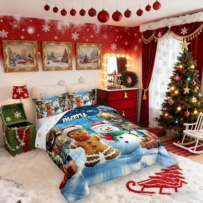 Gingerbread Man Girls Bedding Set Twin Size,Cute Snowman Merry Christmas Comforter Set,Snowflake Winter Xmas Poinsettia Quilt Comforter Girls Boys Teens,Blue Brown Room Decor All Season,1 Pillowcase