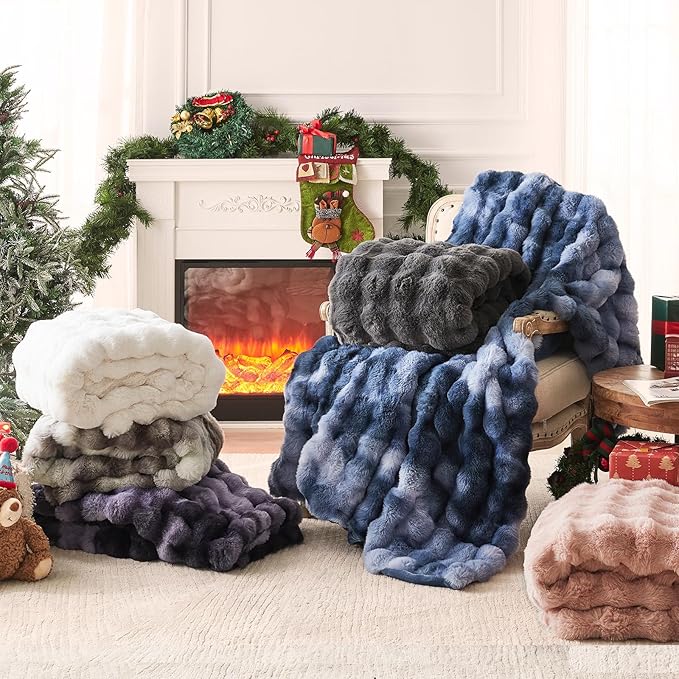Heated Blanket Electric Throw, 50" X 60" Heated Blanket with 10 Heat Levels 8 Hours Auto Off, Faux Rabbit Fur Bubble Electric Blanket