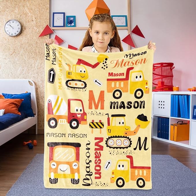Personalized Construction Blanket with Name for Baby Boys Girls, Custom Truck Blanket Construction Vehicles, Soft Flannel Toddler Blankets Customized Gift for Newborn Baby Shower Birthday-60x80inch