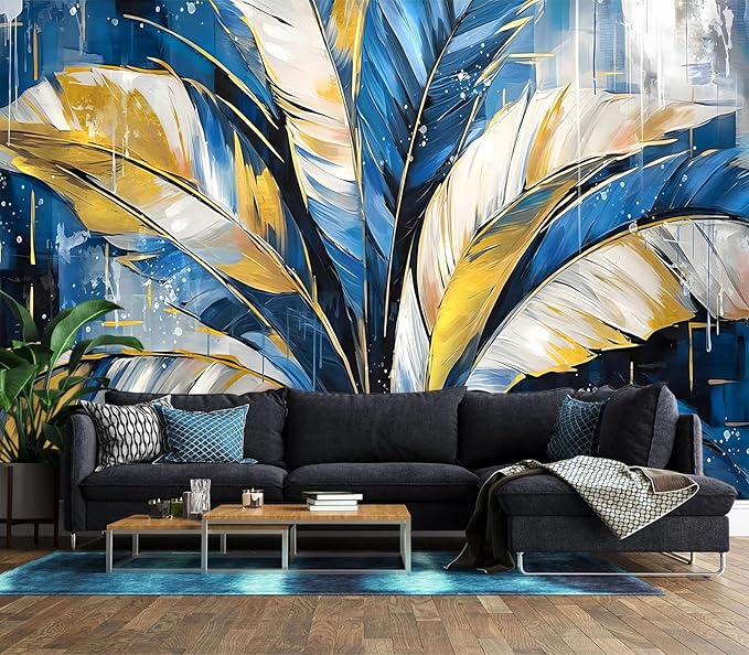 XMPMBM-Gold Abstraction Art Banana Leaf backsplash Large Decorative Wallpaper Graffiti Leaf Bedroom Bathroom Wall Mural- W 154" X H 105"（112 Square Foot）