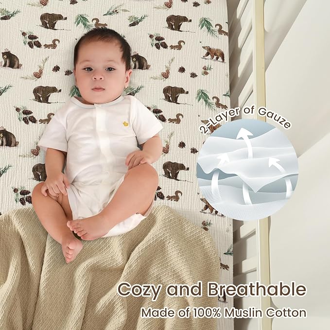 david's kids Muslin Crib Sheets for Boys, 2 Pack 100% Cotton Soft Breathable Fitted Baby Sheet Set, Standard 52"x28" Crib and Toddler Mattress, Woodland Animal