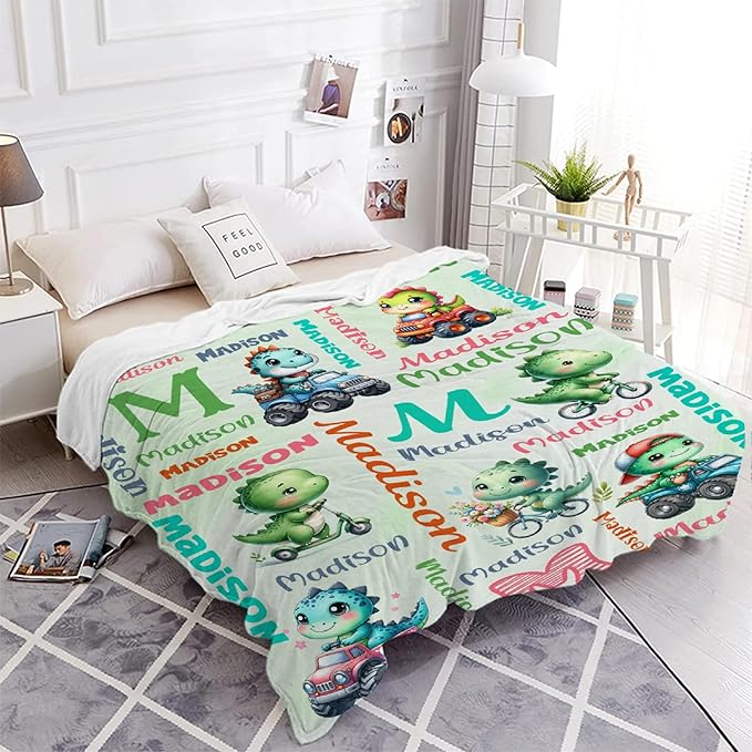 Personalized Dinosaur Truck Blanket Gifts for Girls Boys Women - Super Soft Cozy Warm Throw Sheet for Couch Bed Sofa Office Decor All Season 90"x120" for Whole Family