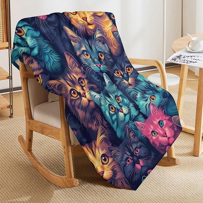 Funny Colorful Cat Print Blanket Kawaii Kitty Animal Throw Blankets Gifts for Couch Sofa Bed Stuff Decor Soft Cozy Fleece Plush Warm Flannel Bedding for Lover Men Women 60"x80"