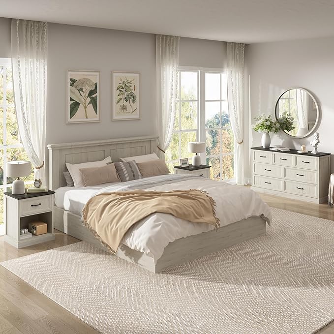 CARPETNAL Farmhouse Dresser and Nightstand Sets for Bedroom, 3 Pcs Bedroom Set, 7 Drawer Dresser & Nightstand Set of 2, Modern Wood Chest of Drawers for Bedroom, Living Room, Entryway, White