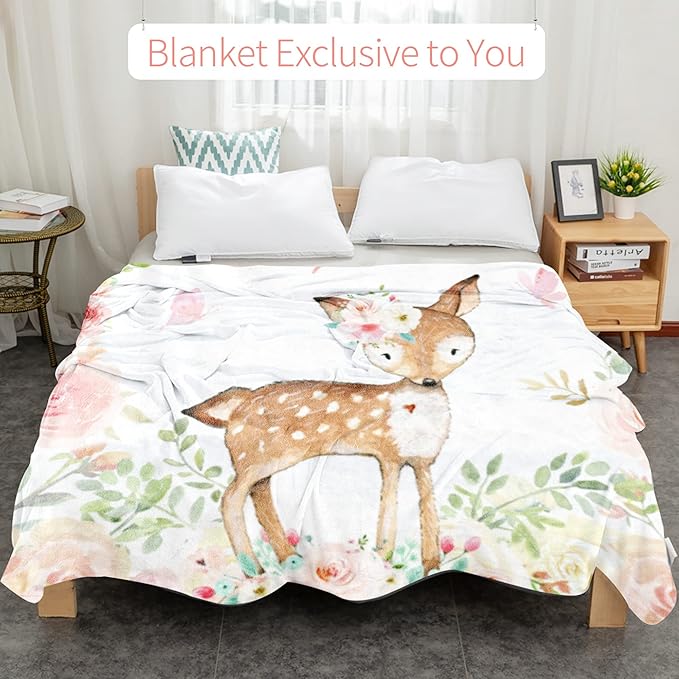 Personalized Deer Baby Blanket for Girl, Custom Name Blanket for Newborn Girl, Soft Flannel Toddler Blanket Customized Gift for Birthday Christmas Baby Shower 60" X 80"