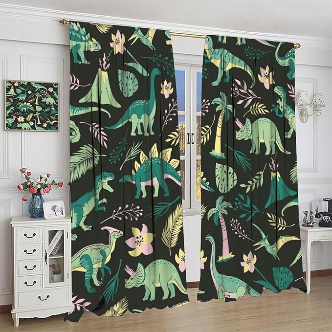 Dinosaurs Blackout Curtains Cartoon Cute Funny Dino Tropical Jungle Green Art Print for Kids Boys Bedroom Living Room Rod Pocket Decoration Window Drapes 2 Panels W21xL45in