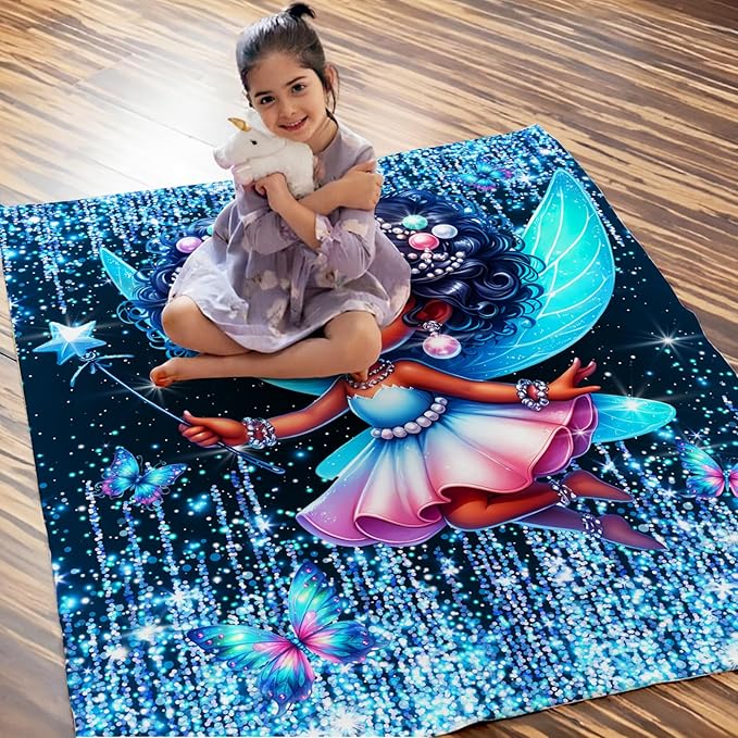Girls Fairy Blanket, Fairy Throw Gift for Kids Daughter Birthday, 50x60 Inches Lightweight Soft Cute Black Throw Blankets for Sofa Couch Living Room Bed