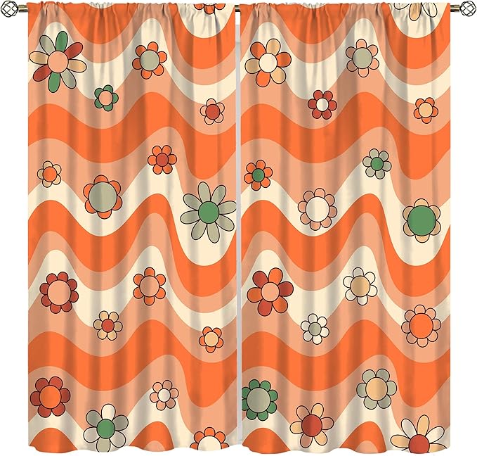 70s Boho Retro Curtains for Bedroom,Groovy Vintage Floral Rainbow Window Treatments Drapes for Kids Girls Window 42"" W X 63"" L, Style-6