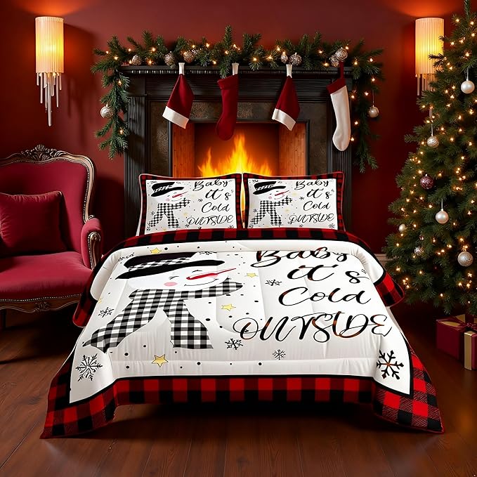 Kids Christmas Snowman Comforter Set Queen Size,Snowflake Winter Bedding Set,Girls Boys Adults Xmas Decor,Geometric Grids Lattices Patch Down Comforter,Red Rustic Vintage Duvet Insert,2 Pillowcases